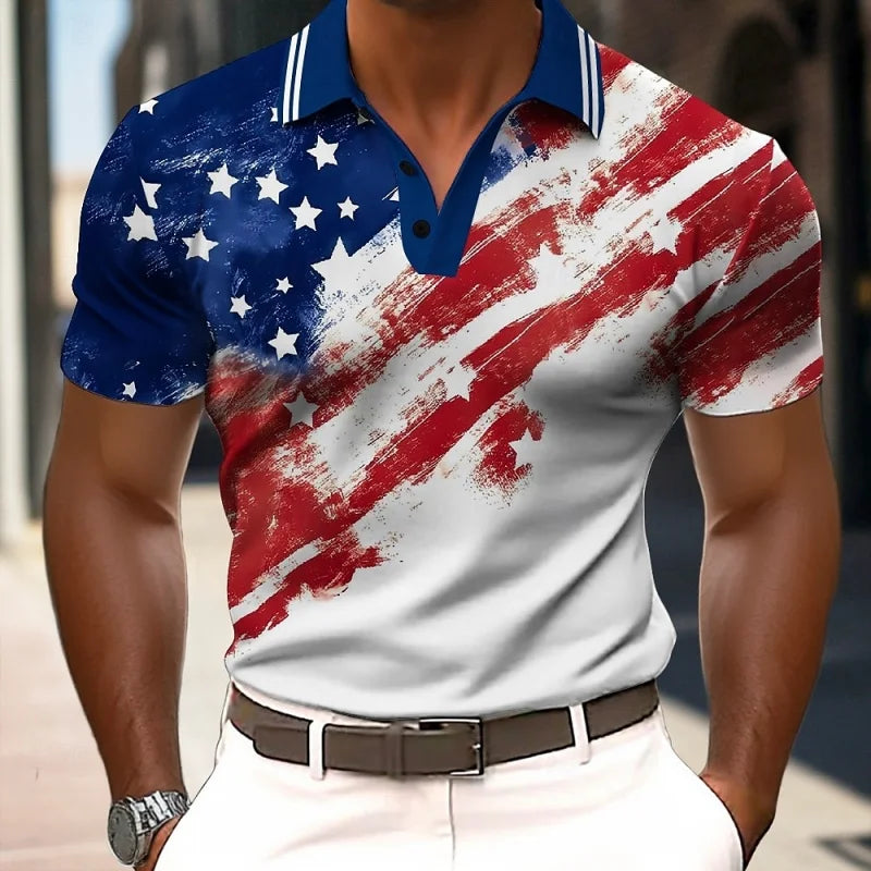 Men’s American Polo Shirt – Colorful Gradient Patriotic Short Sleeve Polo for Summer