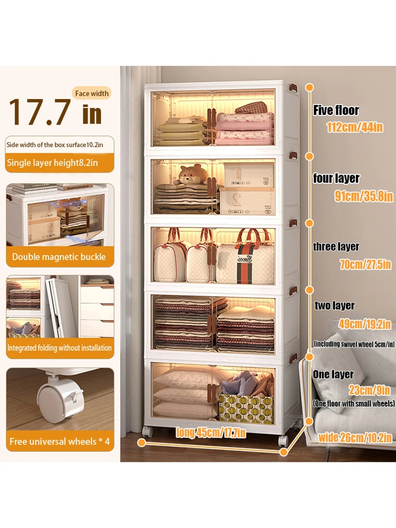 5 level Versatile Folding Storage Cabinet with Magnetic Doors - Dustproof, Waterproof