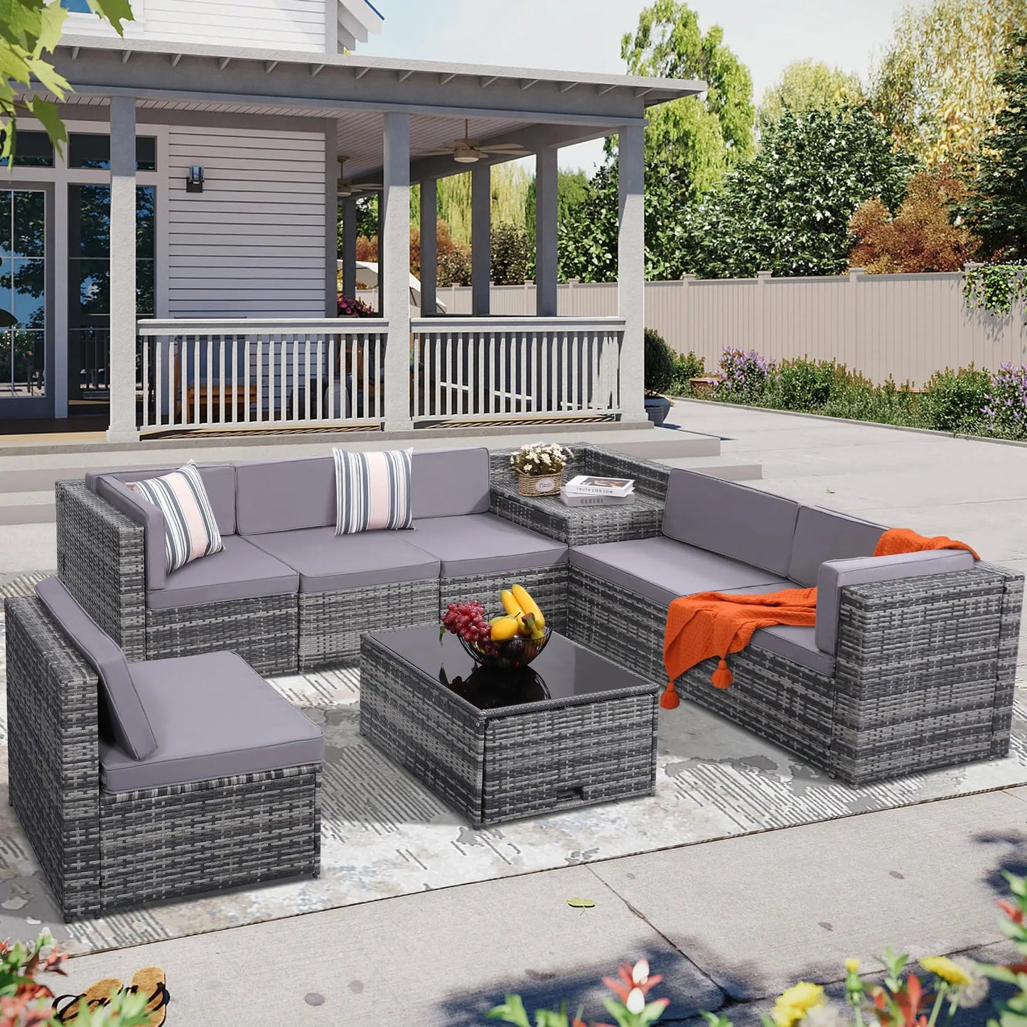 4‑Piece All‑Weather Rattan Sectional Sofa – Outdoor Patio Furniture Set with Cushions & Tempered Glass Table