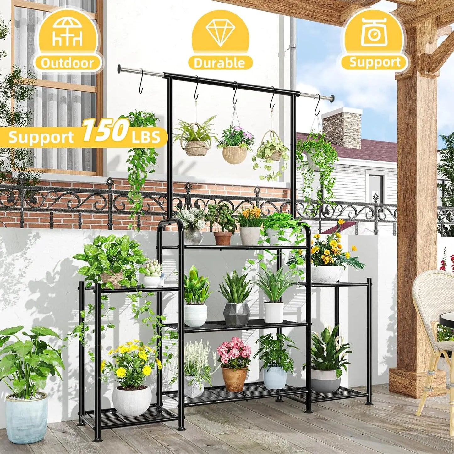 3‑Tier Metal Plant Stand – Expandable Indoor/Outdoor Flower Pot Shelf, Heavy‑Duty Ladder Design (Black)