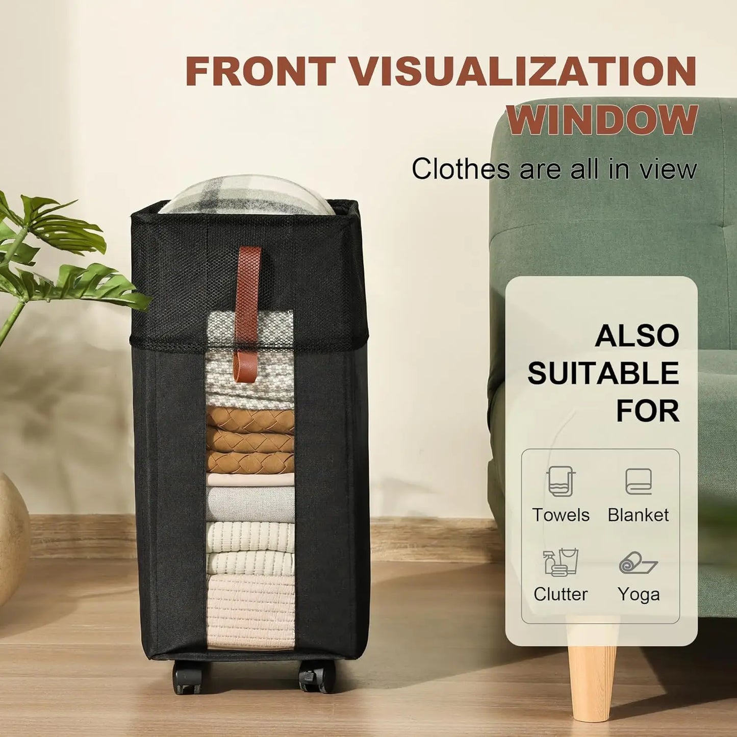 Rolling Laundry Basket with Clear Window, Collapsible and Portable for Home Use, Black