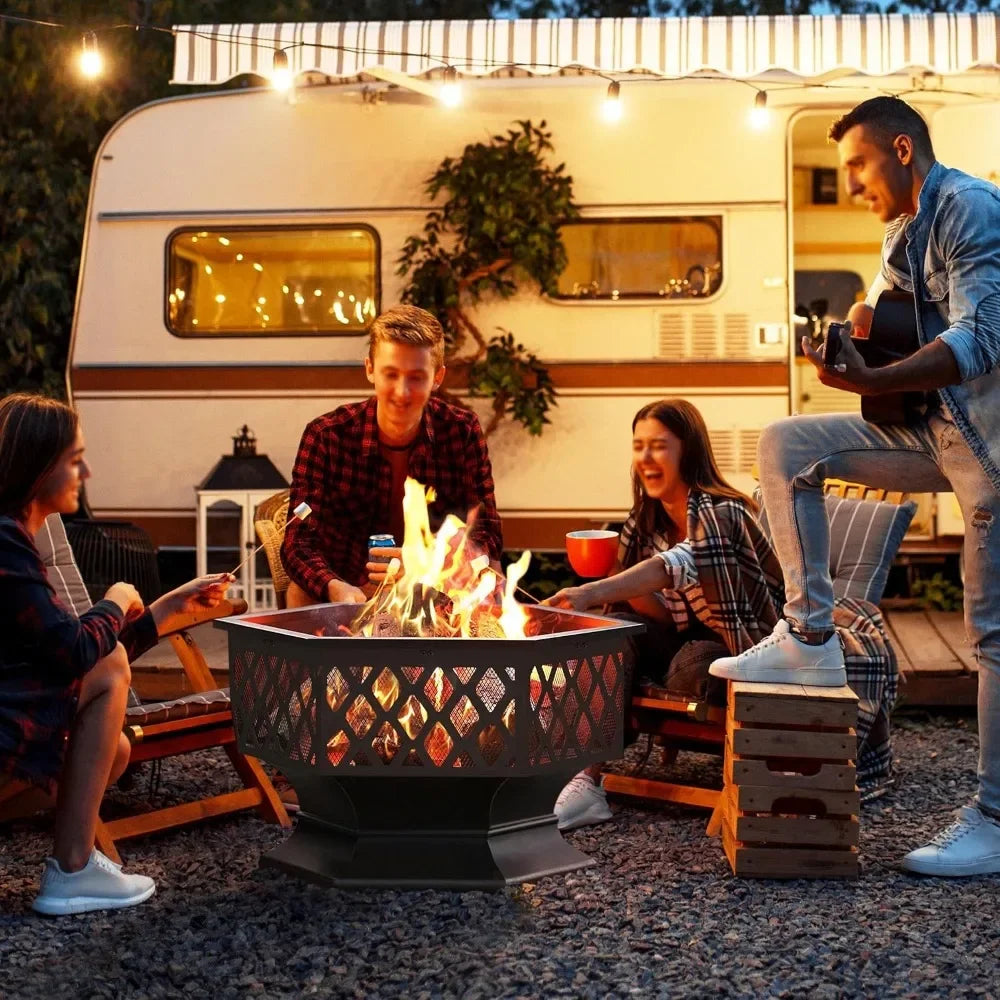 Hex Shaped Fire Bowl - Large Wood Burning Outdoor Fire Pit with Spark Screen & Poker for Bonfire, Campfire