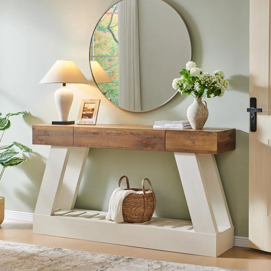 60" Farmhouse Entryway Table with Drawer, Console Table Behind Sofa