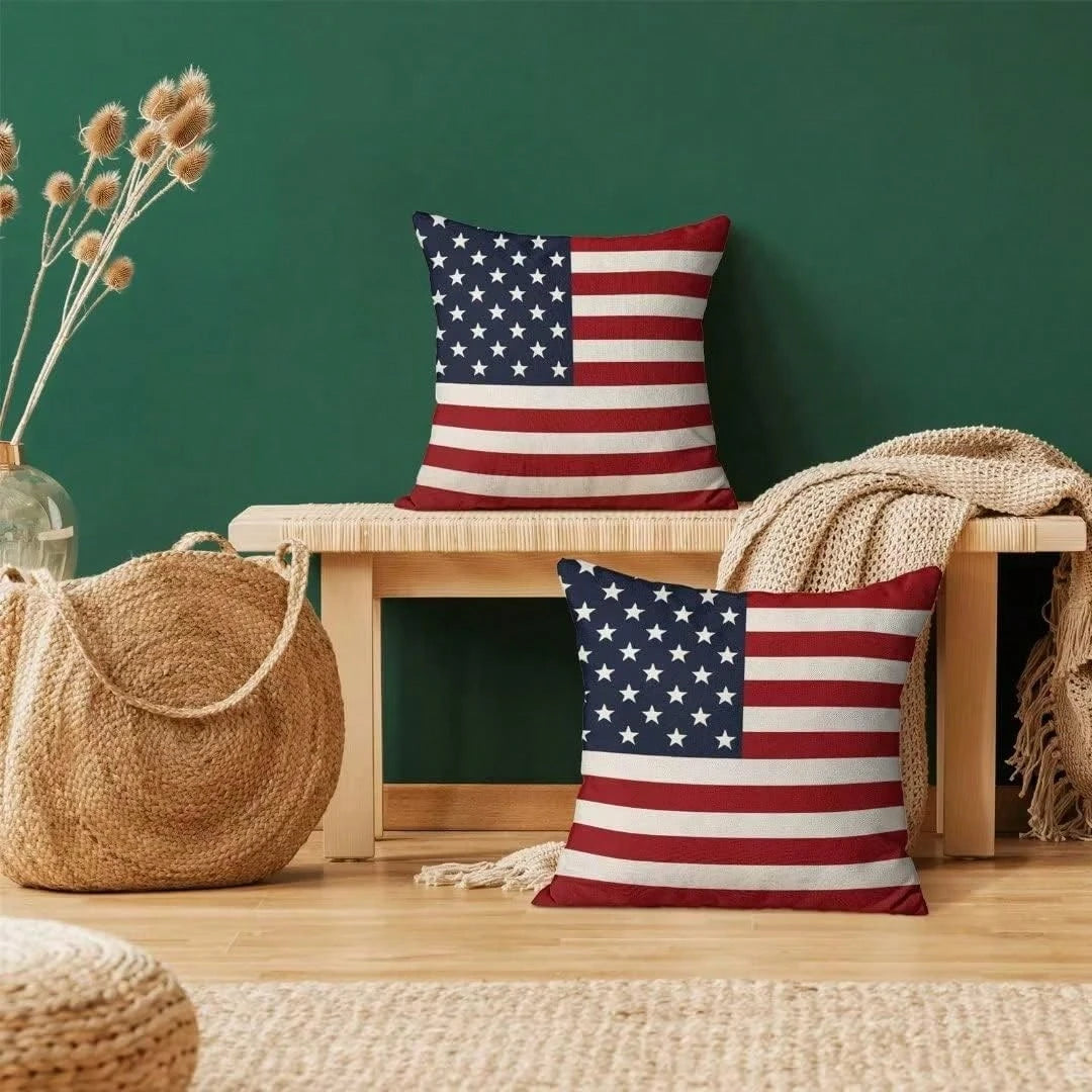 2-piece patriotic pillow cover set. Featuring classic American flag designs in red, white, and blue