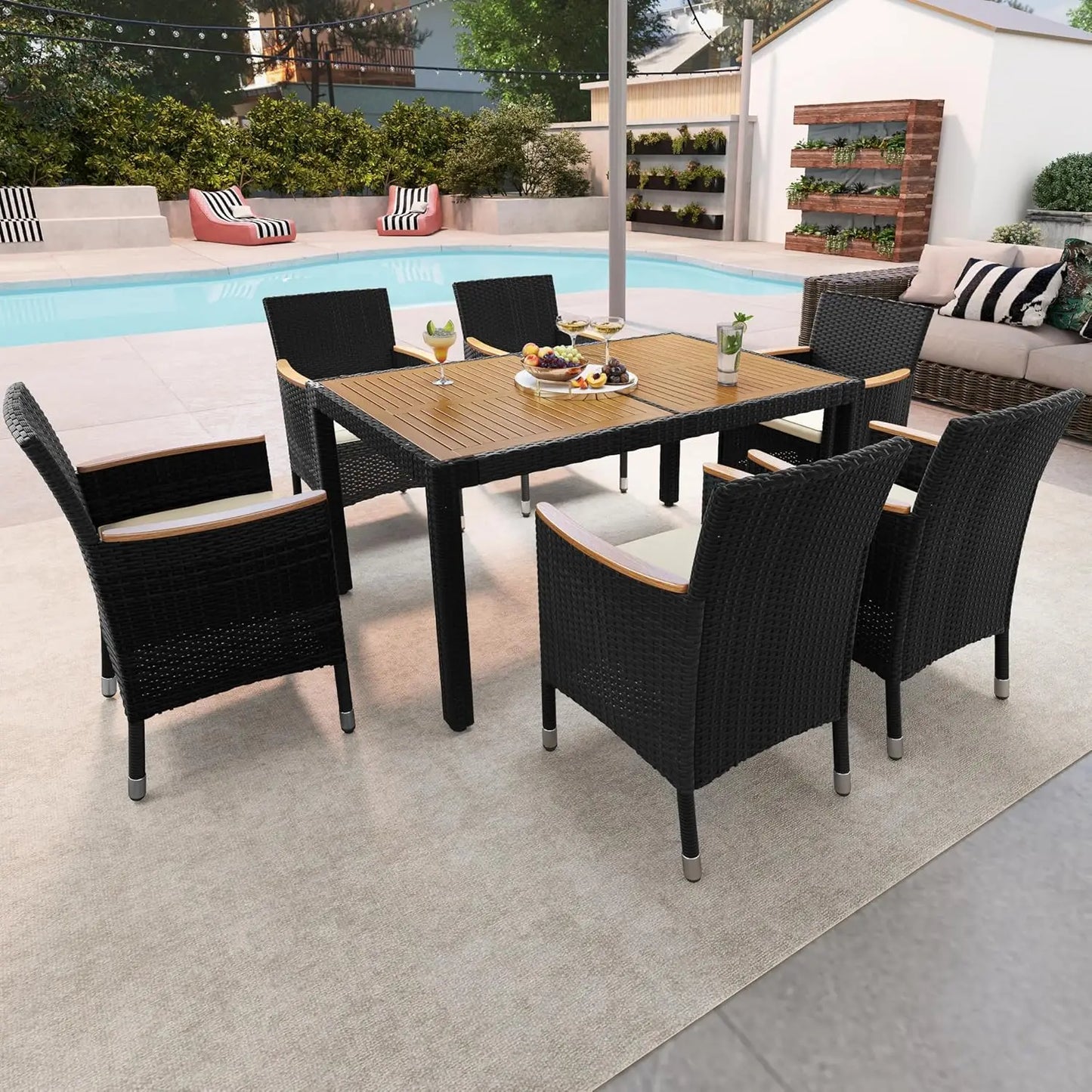 7‑Piece Patio Dining Set – Acacia Wood Table & Rattan Chairs with Soft Cushions