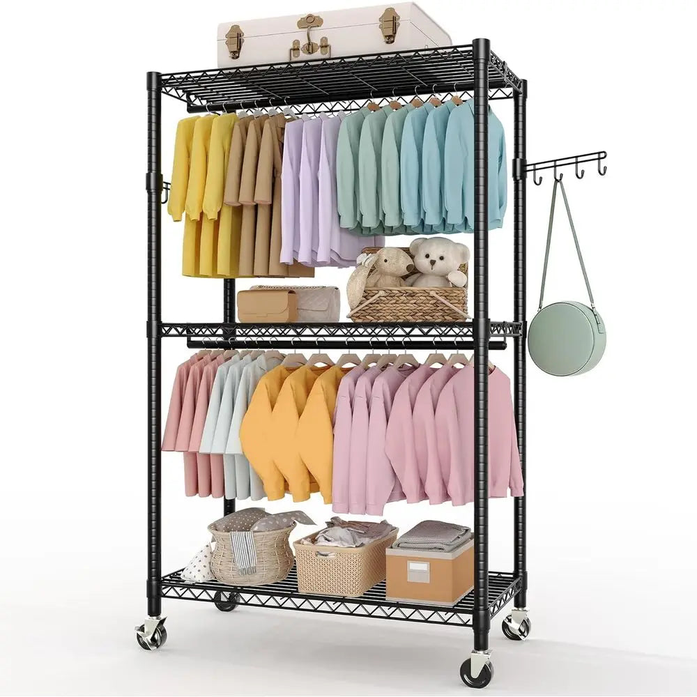 3‑Tier Clothes Rack with Wheels – Adjustable Shelves & Dual Hanging Rods