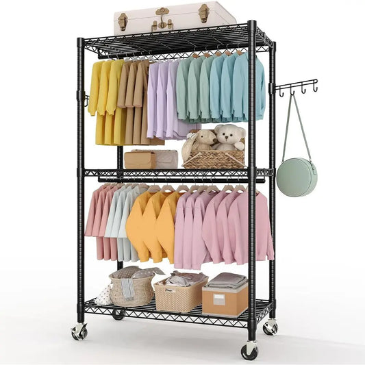 3 Tier Clothes Rack with Wheels, Adjustable Shelves & 2 Hanging Rod