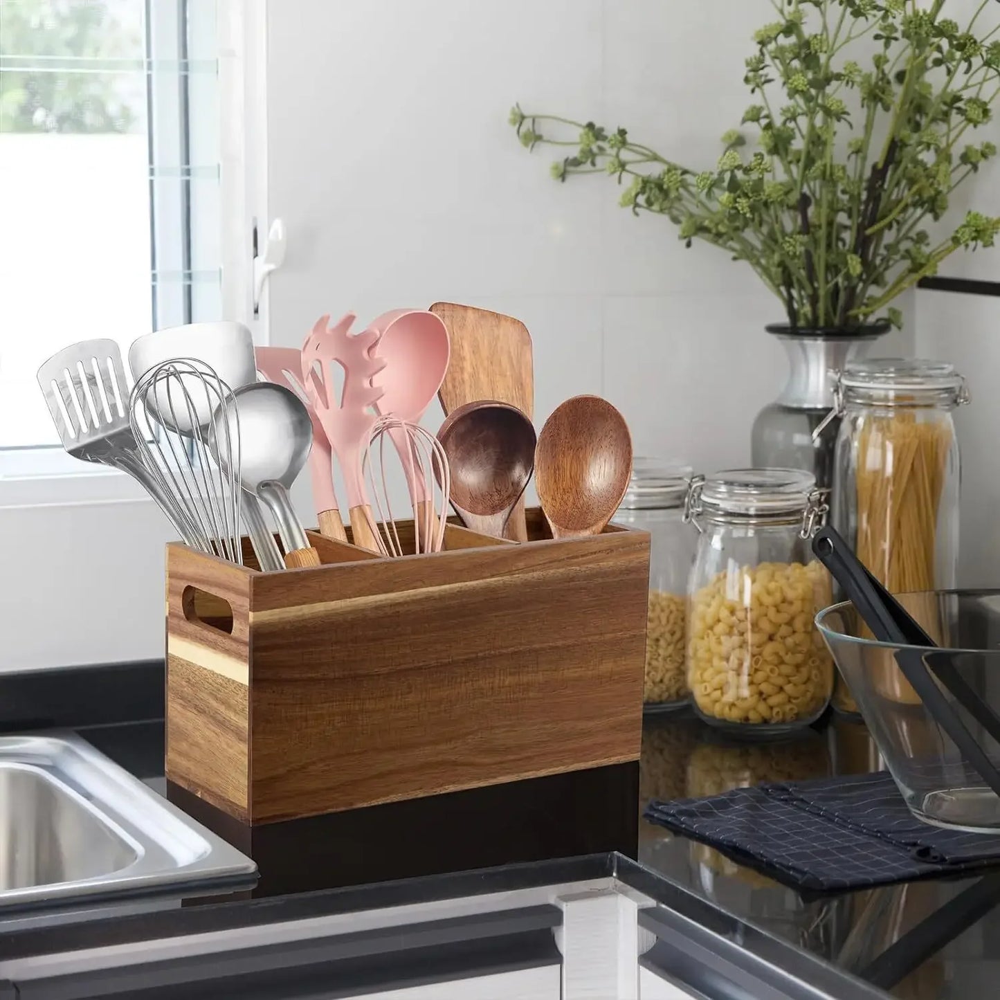 Wooden Countertop Organizer Box – 3 Compartments for Cosmetics & Utensils Storage (1 Pc)