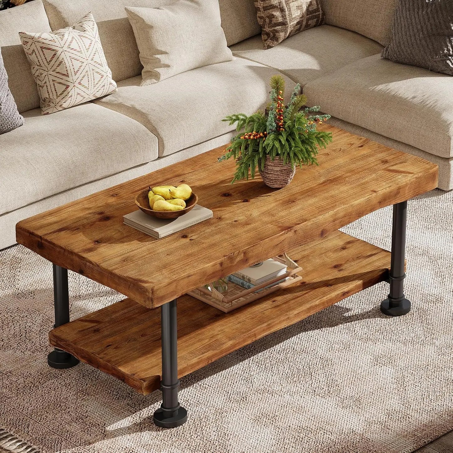 47" Coffee Table, Farmhouse Solid Wood Accent Center Table with 2-Tier Live Edge Shelf & Metal Legs, Rectangular