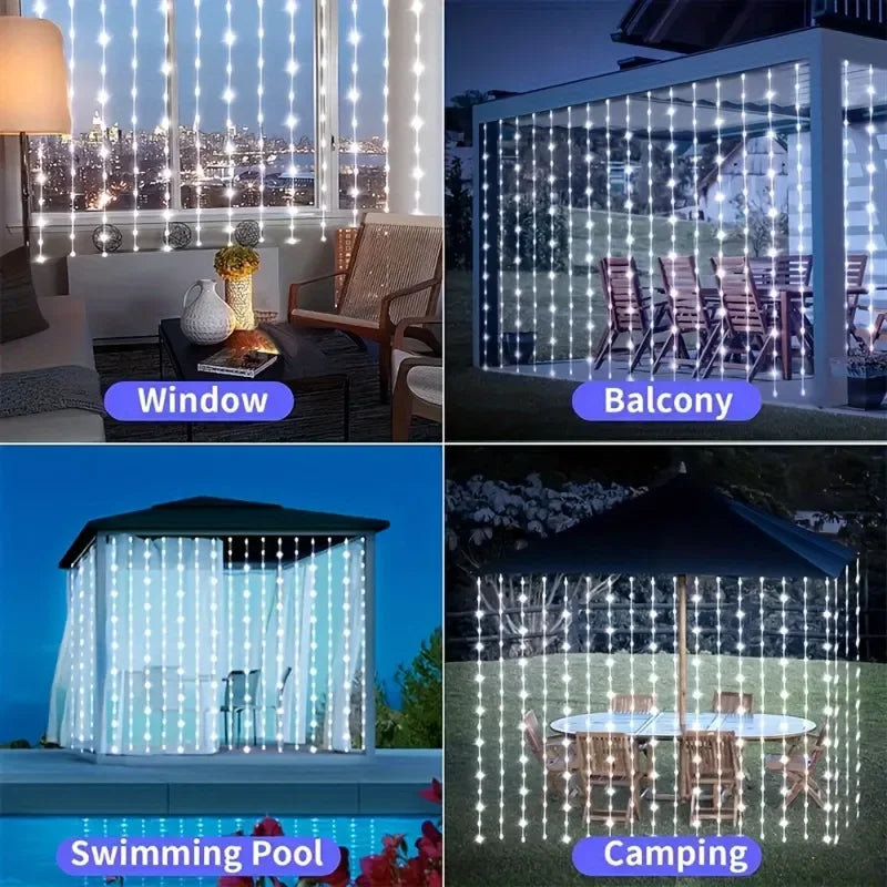 Outdoor Solar Curtain String Lights – Waterproof LED Set with 8 Lighting Modes