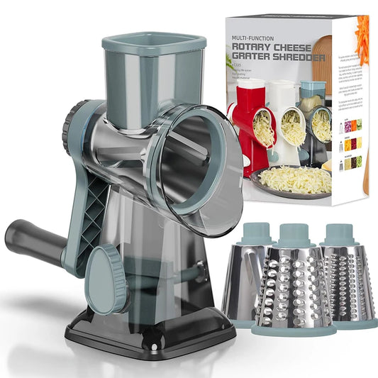 3‑in‑1 Rotary Cheese Grater – Manual Vegetable Slicer & Nut Grinder with Clear Hopper