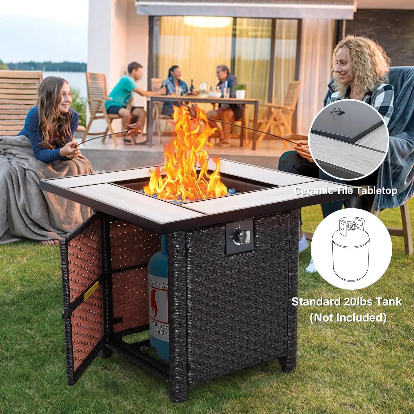 30" Outdoor Wicker Propane Fire Pit – Tabletop Design with Waterproof Cover