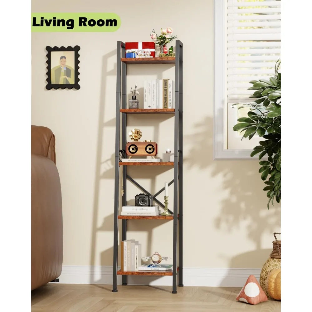5-Tier Leaning Ladder Shelf Bookcase | Tall Narrow Storage Rack with Hooks