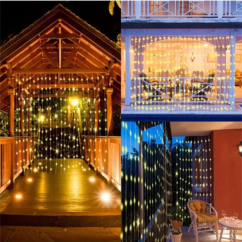 Outdoor Solar Curtain String Lights – Waterproof LED Set with 8 Lighting Modes