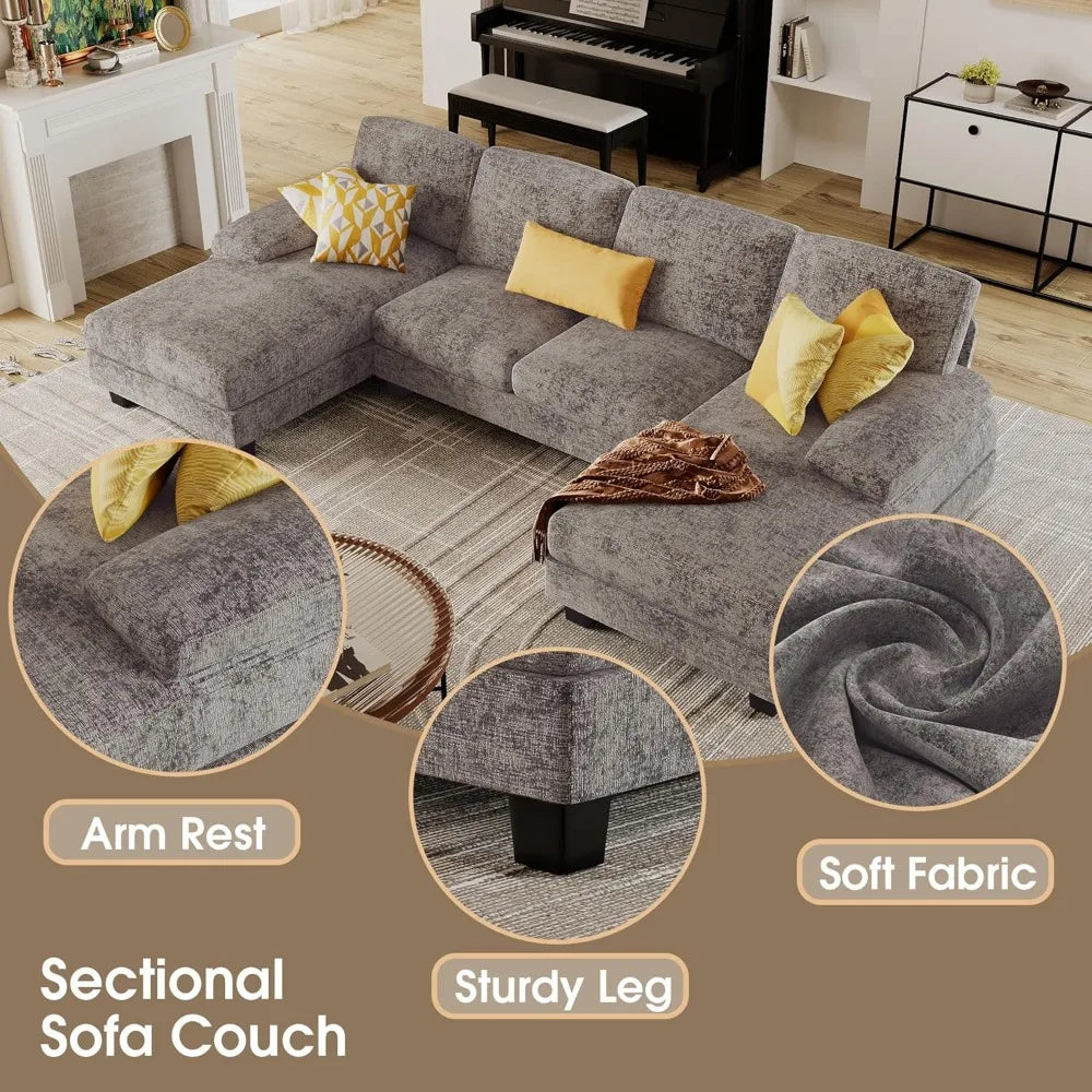 U-Shaped Linen Fabric Sectional Sofa, 4-Seater with Double Chaise