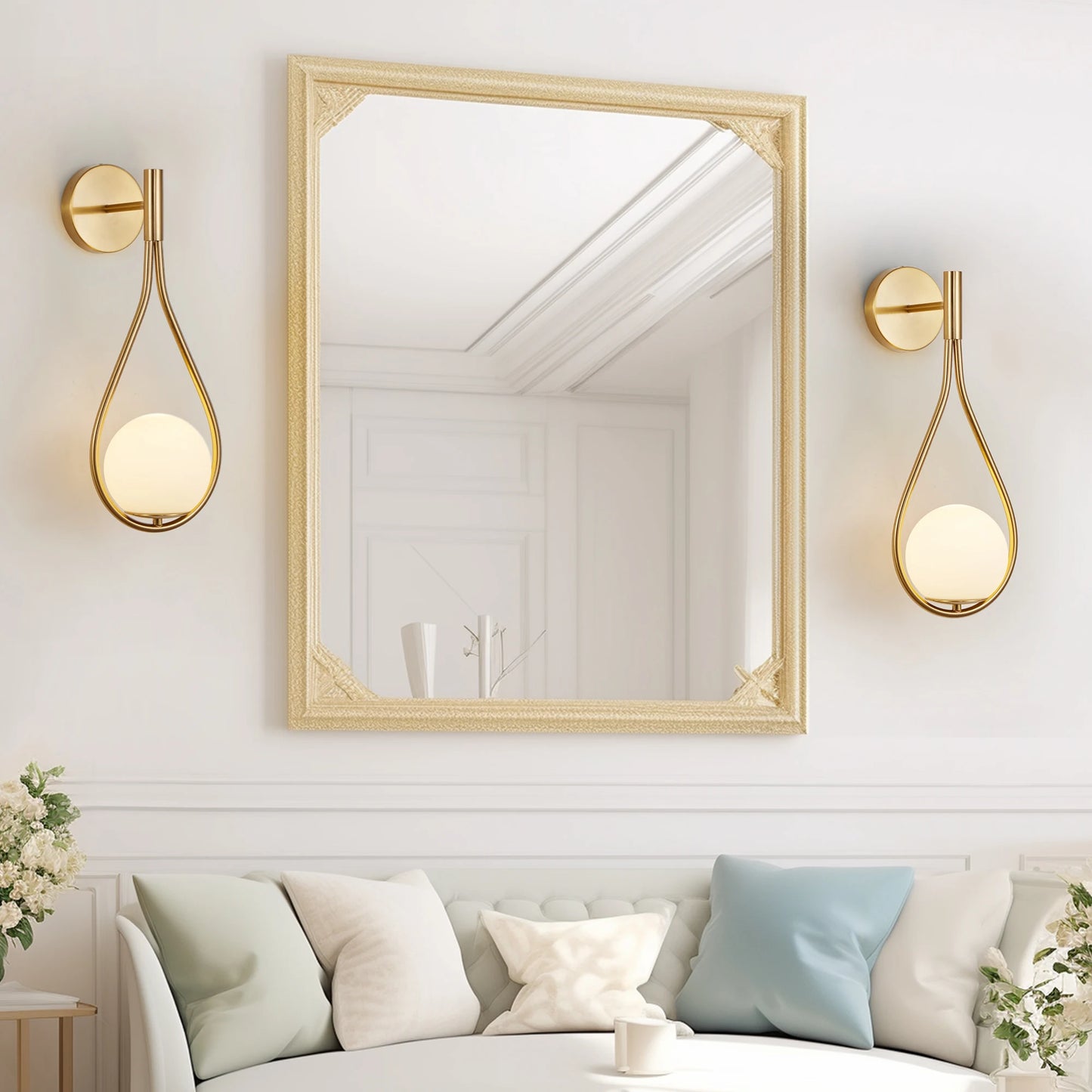 Set of 2 Modern Golden Wall Sconces with Opal Glass Globe, Luxury Wall Lights for Bedroom, Living Room