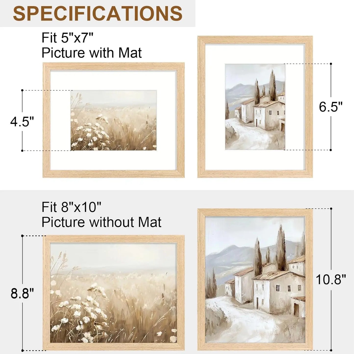 8x10 Picture Frame Set of 2, Wood, Display Photo 5x7 with Mat or 8x10 without Mat, Natural