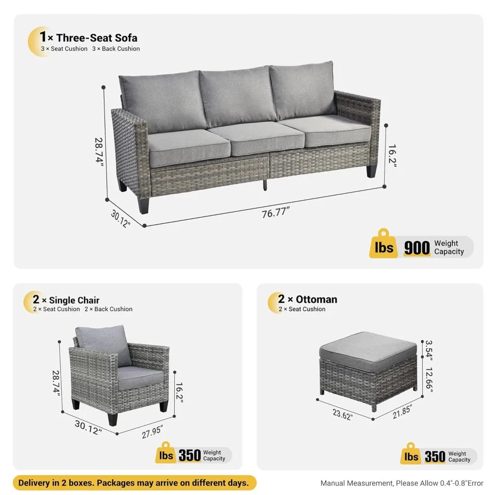 5 Piece Patio Outdoor Wicker Furniture Set - Sofa Couch With Chairs and Ottomans