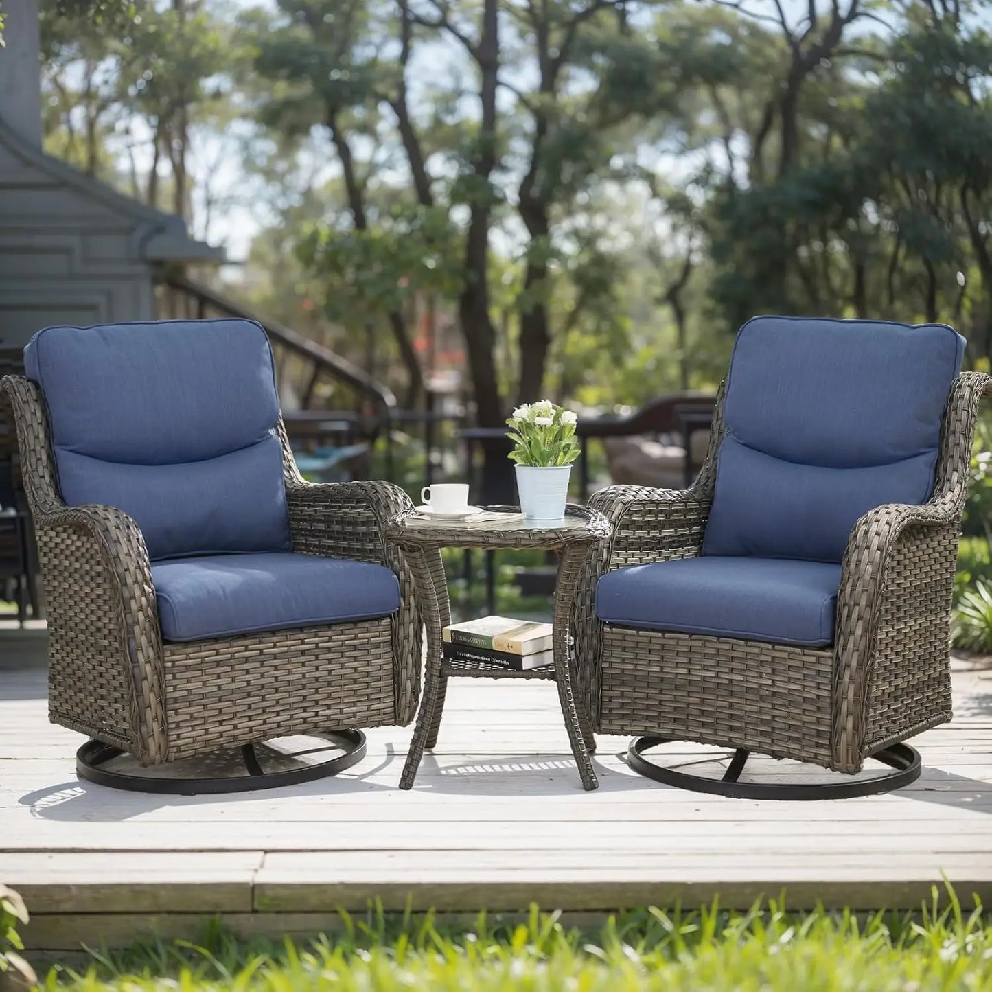 High Back Outdoor Swivel Rocker Patio Chairs Set of 2, with 5-Inch Thick Cushions and Side Table, All-Weather