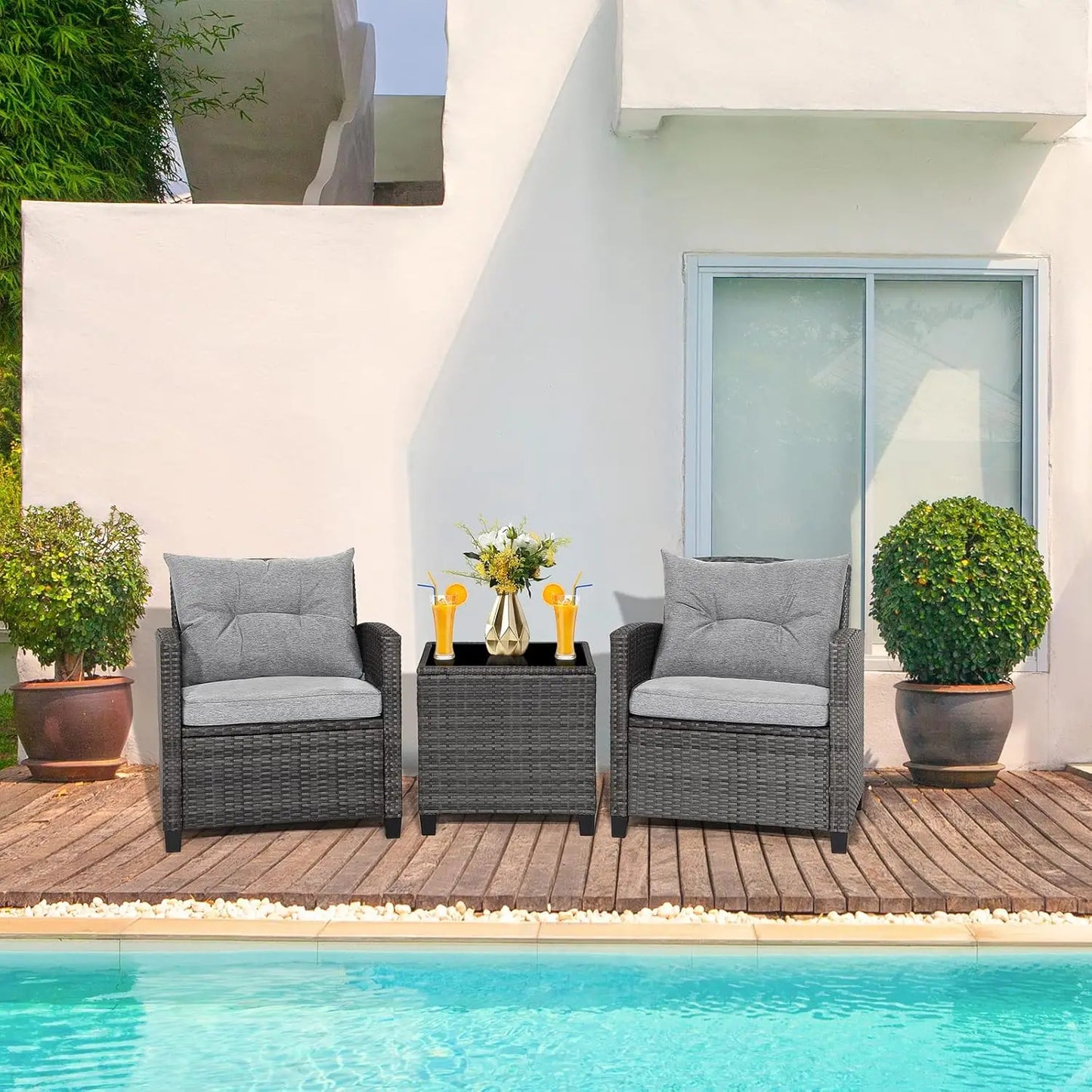 3‑Piece Wicker Patio Furniture Set – Rattan Sofa & Chairs with Tempered Glass Table and Heavy‑Duty Steel Frame