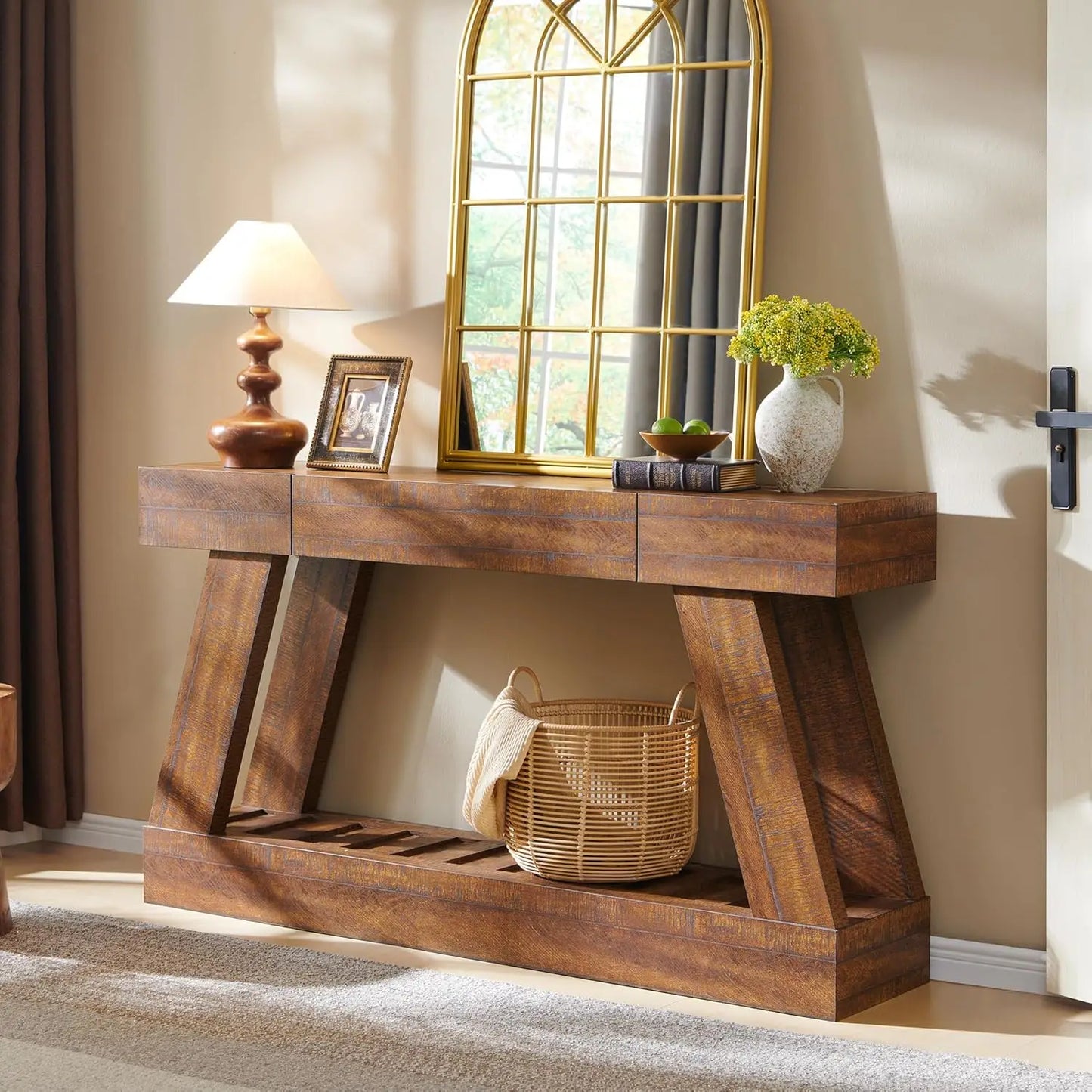 60" Farmhouse Entryway Table with Drawer, Console Table Behind Sofa