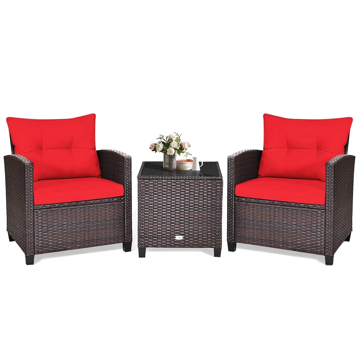 3‑Piece PE Rattan Patio Furniture Set – Outdoor Chairs with Washable Cushions & Tempered Glass Table (Multiple Colors)