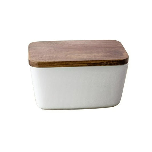 White Porcelain Embossed Butter Dish with Acacia Wood Base – Elegant Countertop Storage