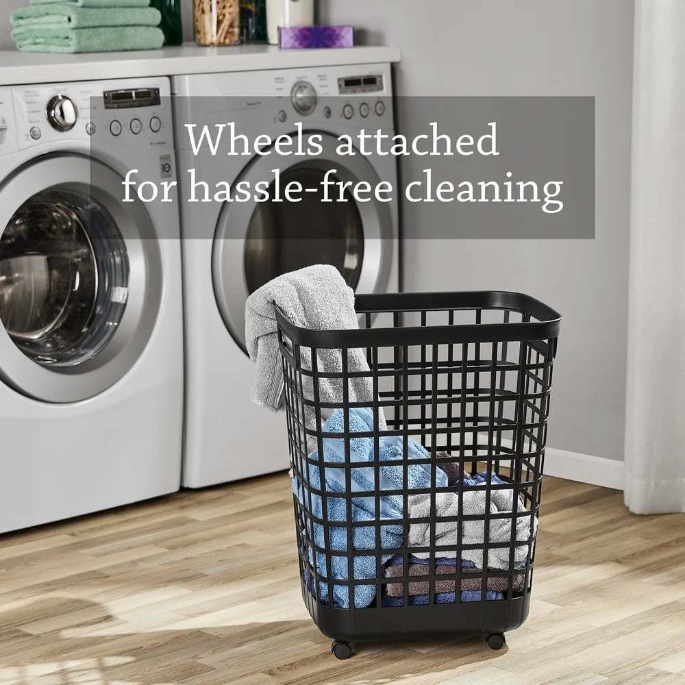 Rolling Laundry Hamper - Black Plastic Storage Bin Open Top Portable with Casters Easy Clean Durable for Home or Dorm Room