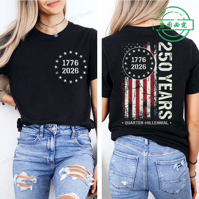 America 250th Anniversary Printing T-shirts for Women Unisex Clothing 1776–2026 Graphic Tops Short Sleeve Casual Wear T-Shirts