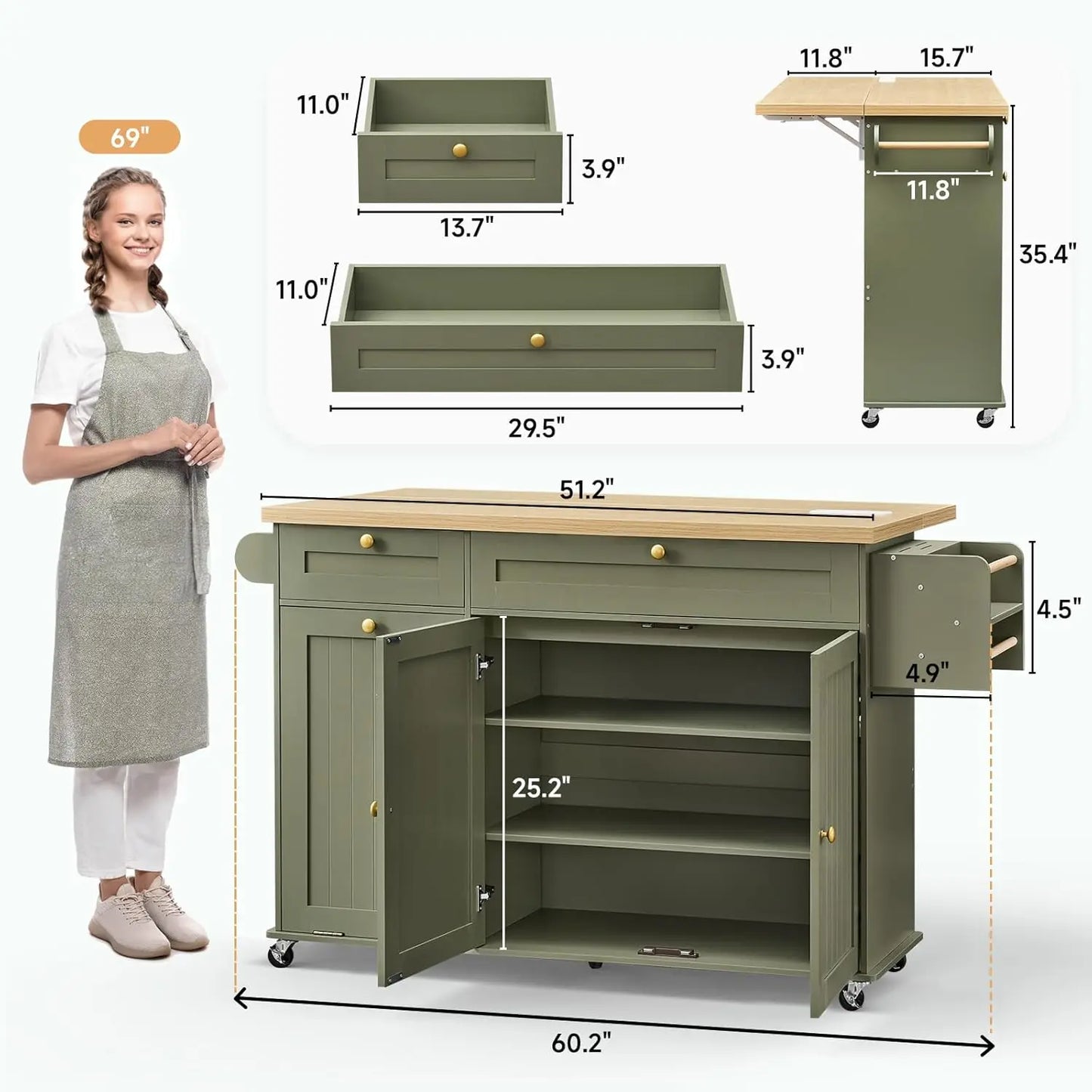 60" Kitchen Island with Power Outlet & Drop Leaf, Rolling Kitchen Island with Spice Rack, Towel Rack & Knife Slot