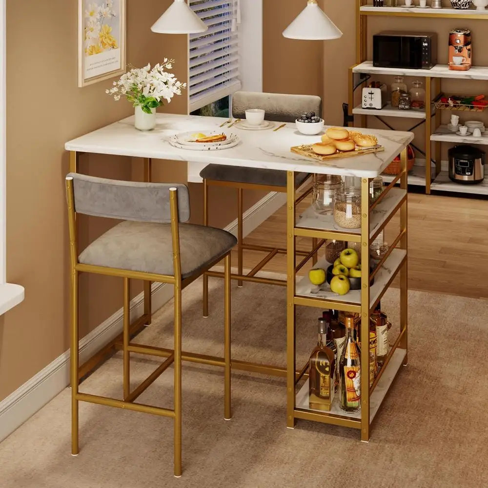 Space-Saving Bar Table Set with Storage, Comfortable Padded Stools, Durable Steel & Wood Construction