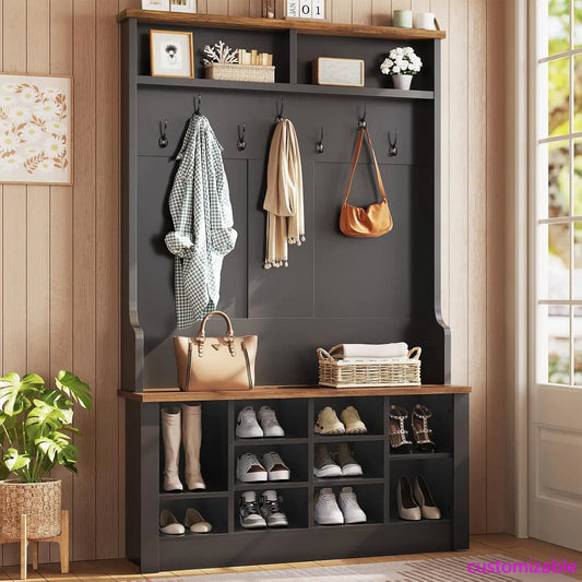 Hall Tree with Bench and Shoe Storage, 3-in-1 Entryway Bench