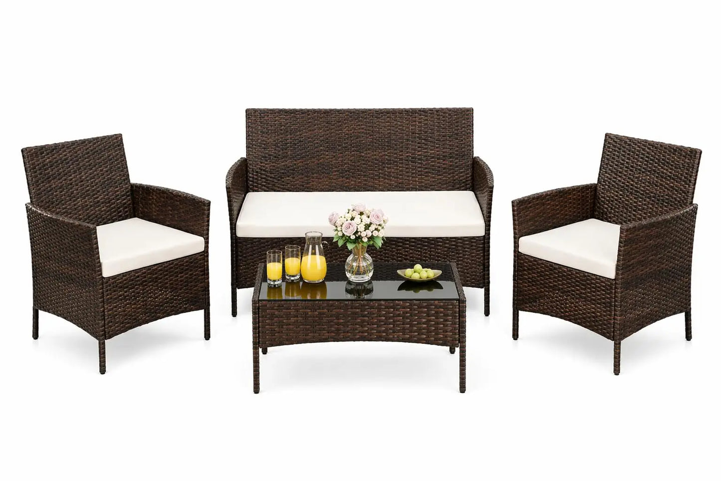 4‑Piece Patio Furniture Set – Glass Coffee Table & 3 Cushioned Chairs for Garden, Balcony & Backyard