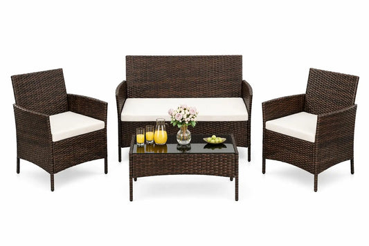 4‑Piece Patio Furniture Set – Glass Coffee Table & 3 Cushioned Chairs for Garden, Balcony & Backyard