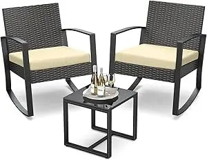 3‑Piece Outdoor Rocking Bistro Set – Rattan Conversation Chairs with Coffee Table for Balcony, Garden & Poolside