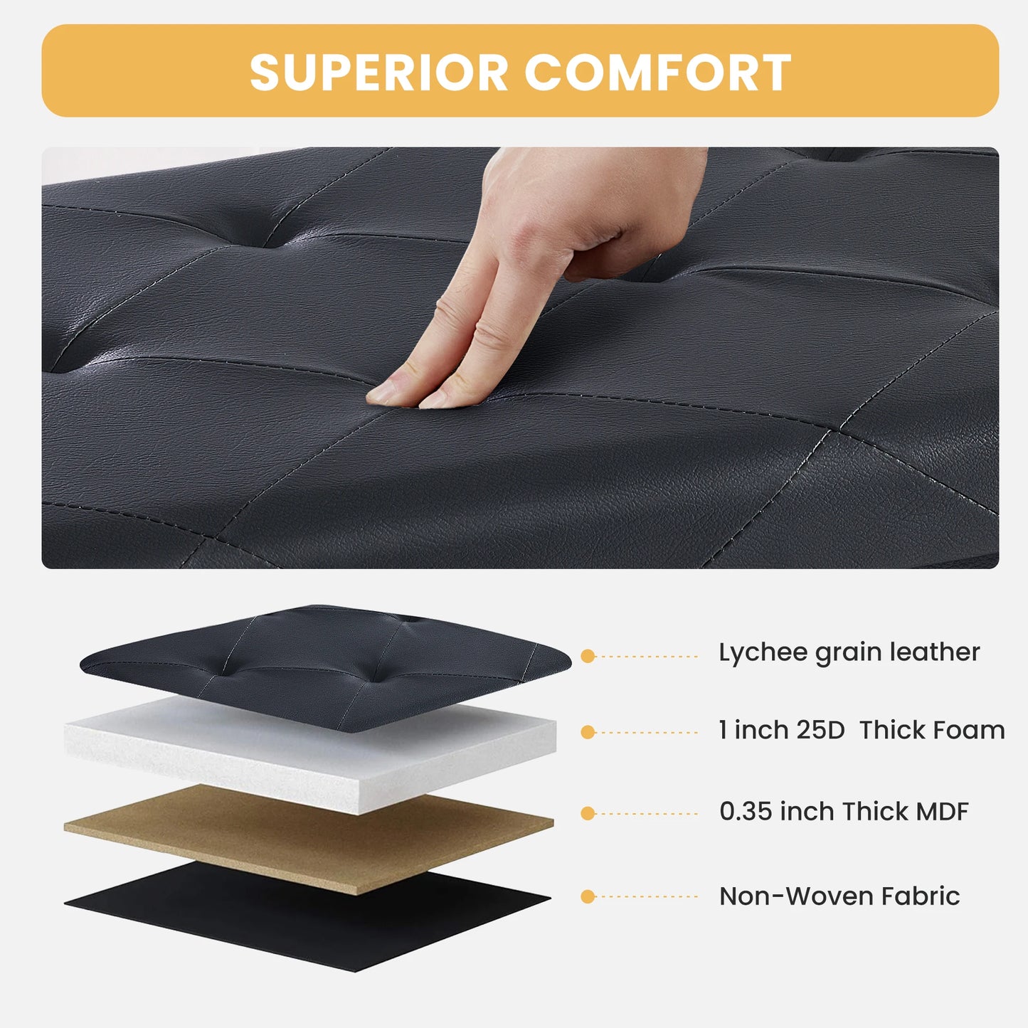 43" Leather Folding Ottoman – Storage Bench with Padded Seat
