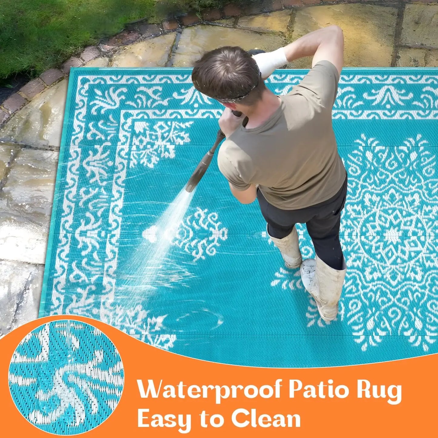8x10 Ft Waterproof Reversible Outdoor Rug, UV Resistant
