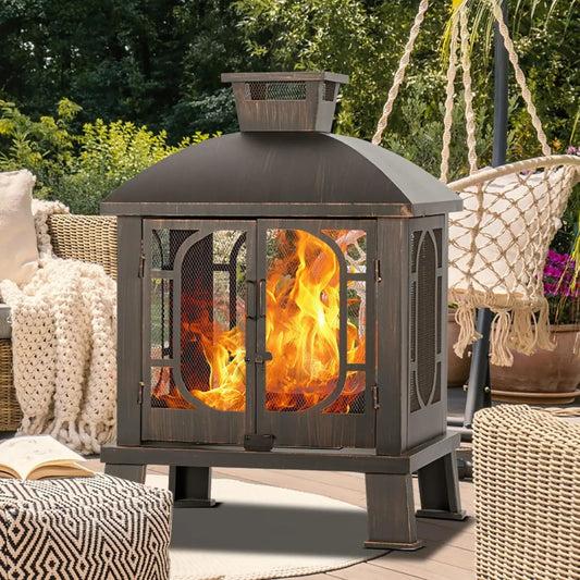 45"H×31''W Metal Square Chiminea Fire Pit with Grill, Wood Burning Fire Pits for Outside