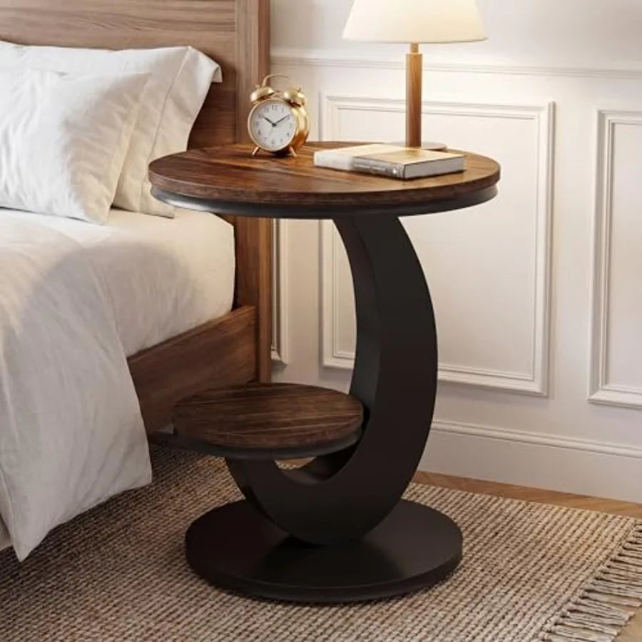 Round C‑Shaped End Table – 2‑Tier Wood Side Table with Metal Frame for Couch or Bedside