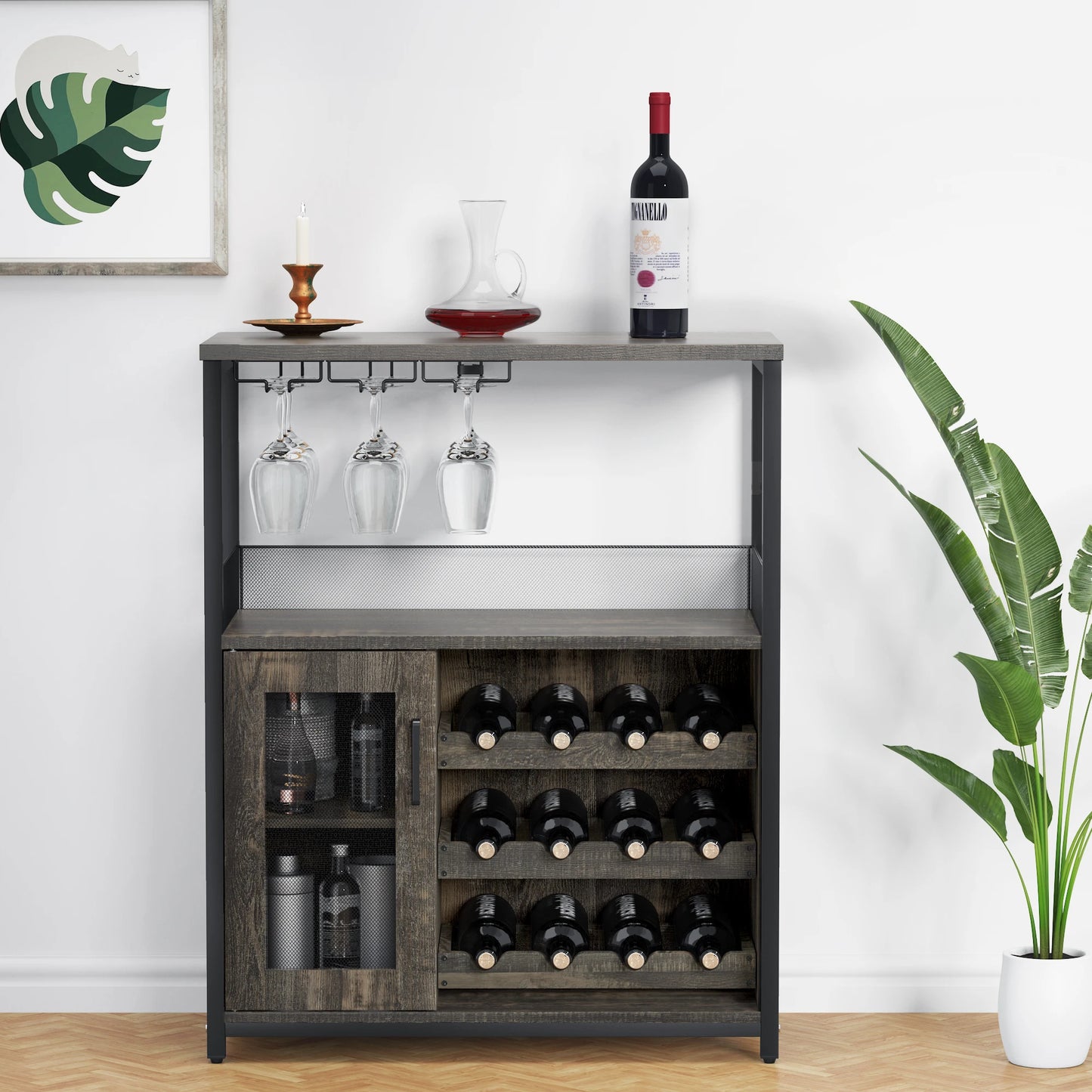 Vintage 3-Tier Wine Bar Cabinet With Adjustable Shelves & Glass Holder