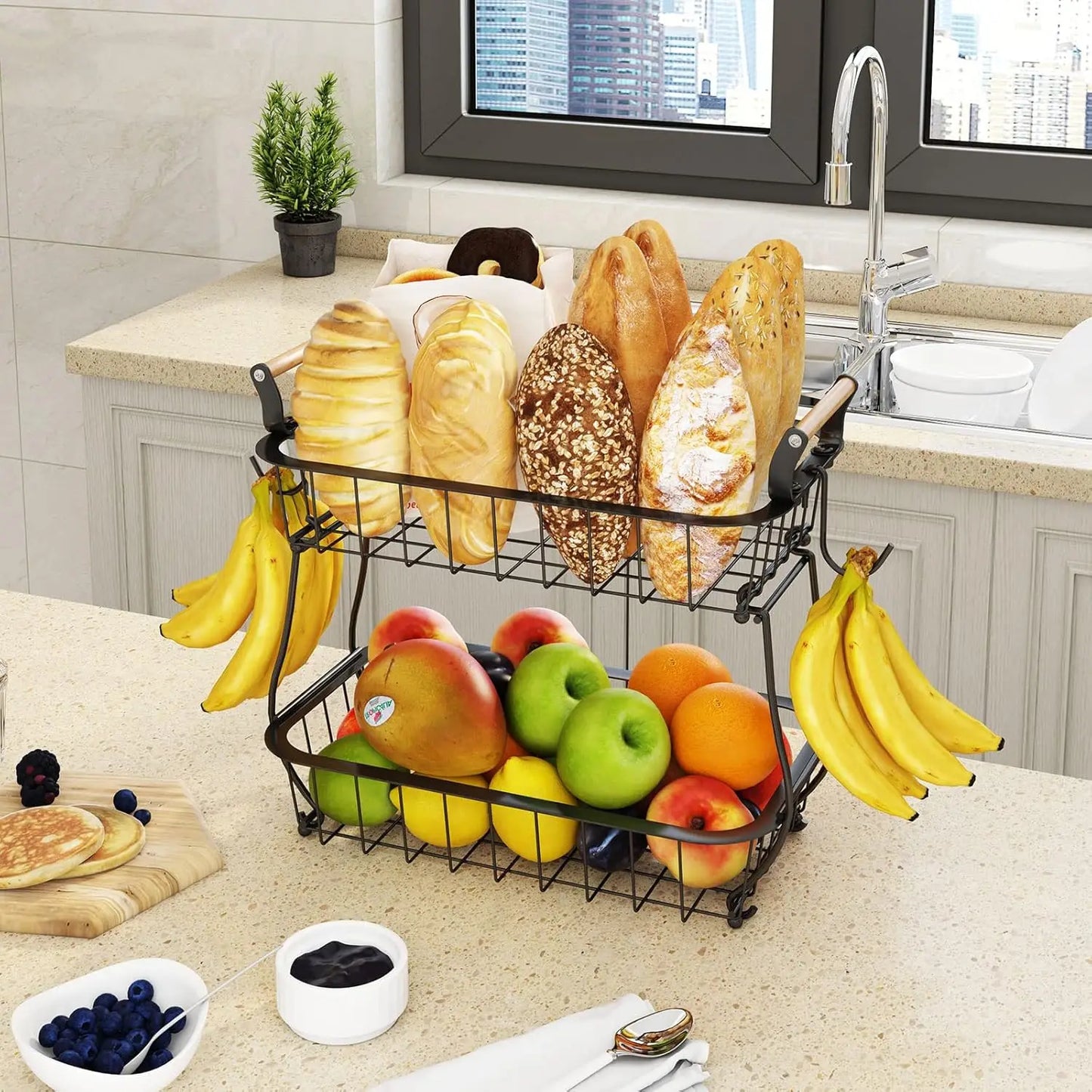 2‑Tier Metal Wire Fruit Basket with Banana Hanger – Kitchen Countertop Organizer