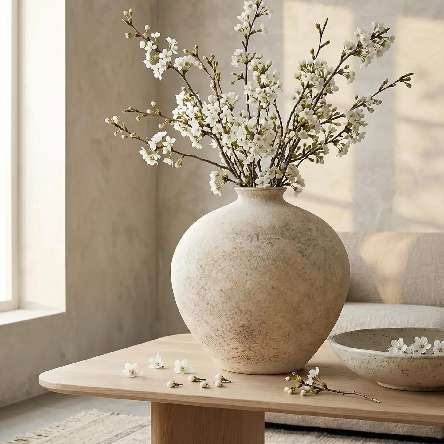 9.5" Rustic Ceramic Vase – Distressed Textured Beige Pottery Vase for Pampas Grass, Flowers & Home Décor
