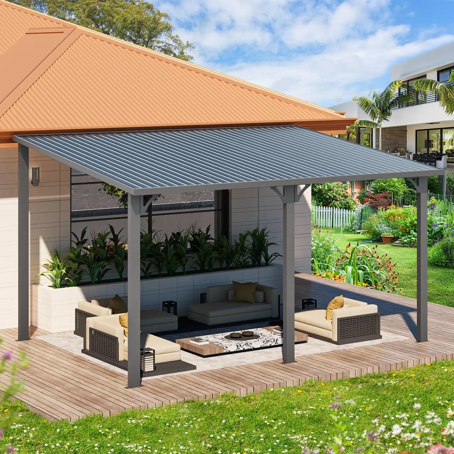 14' × 10' Hard‑Top Lean‑To Gazebo – Wall‑Mounted Pergola with Metal Roof, 140 Sq. Ft. Shaded Patio Coverage
