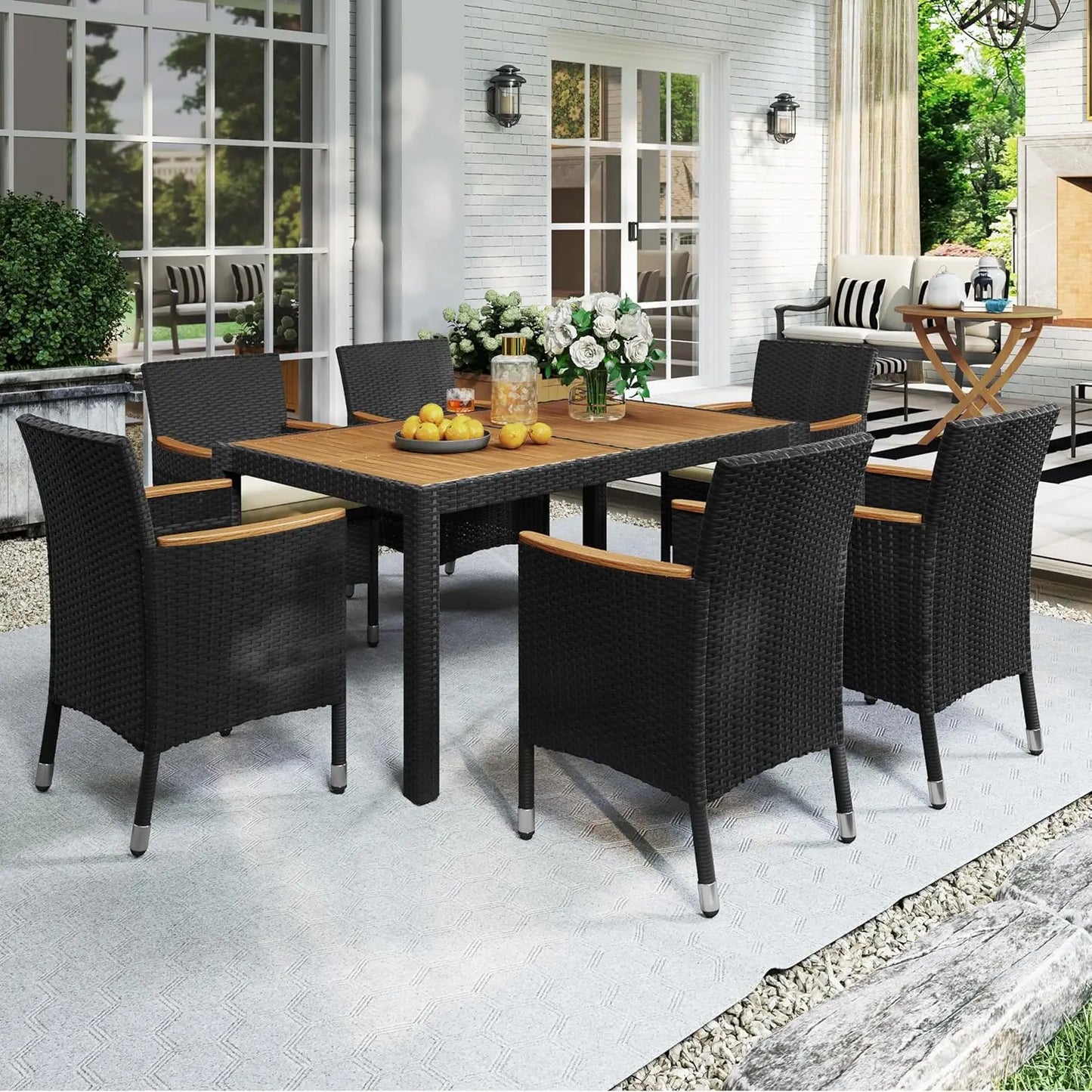 7‑Piece Patio Dining Set – Acacia Wood Table & Rattan Chairs with Soft Cushions