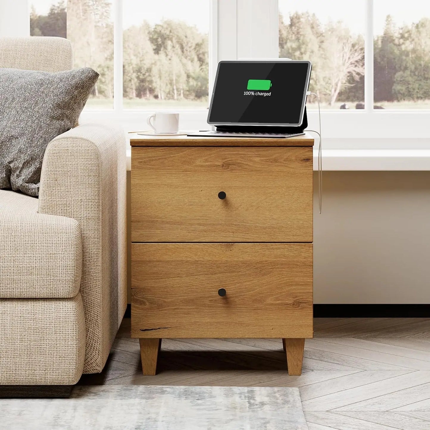 Nightstands with Charging Station – Wood Bedside Tables with 2 Drawers & AC Outlets