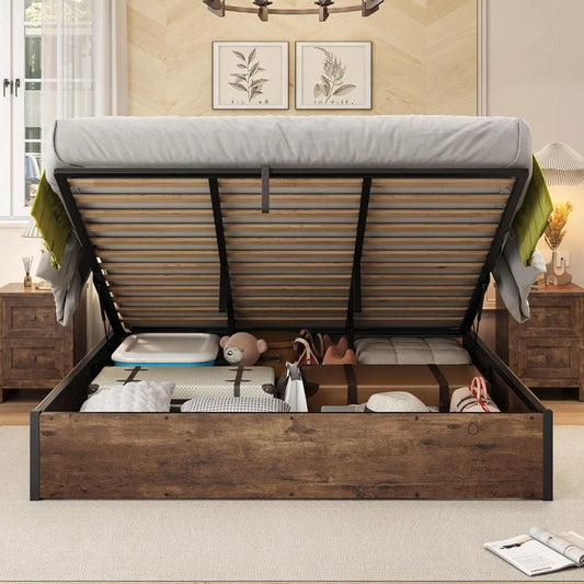 Queen Bed Frame with Lift up Storage, Wooden Platform