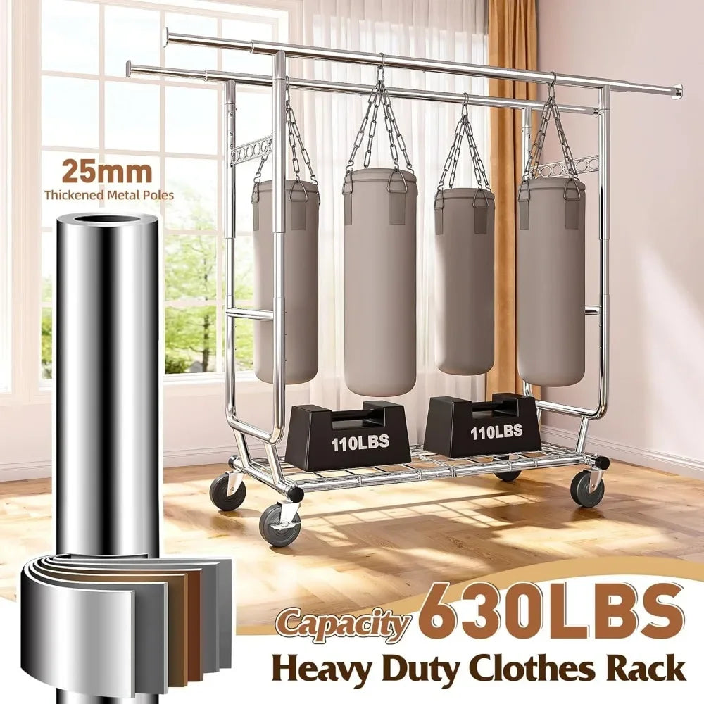 Heavy Duty Adjustable Hanger Rack, Hanger Weight Capacity 630 Lbs, with Wheels