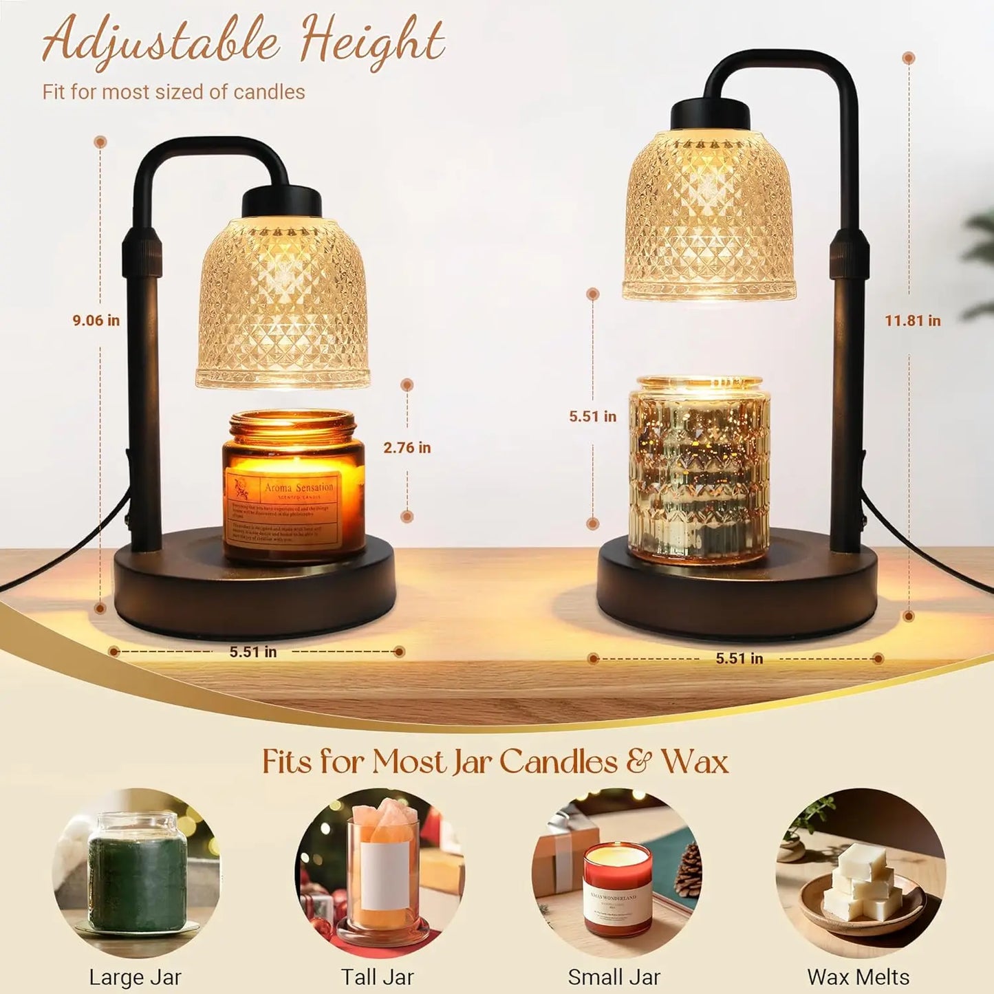 Dimmable Candle Warmer Lamp with Timer – Adjustable Height for Clean, Flameless Fragrance