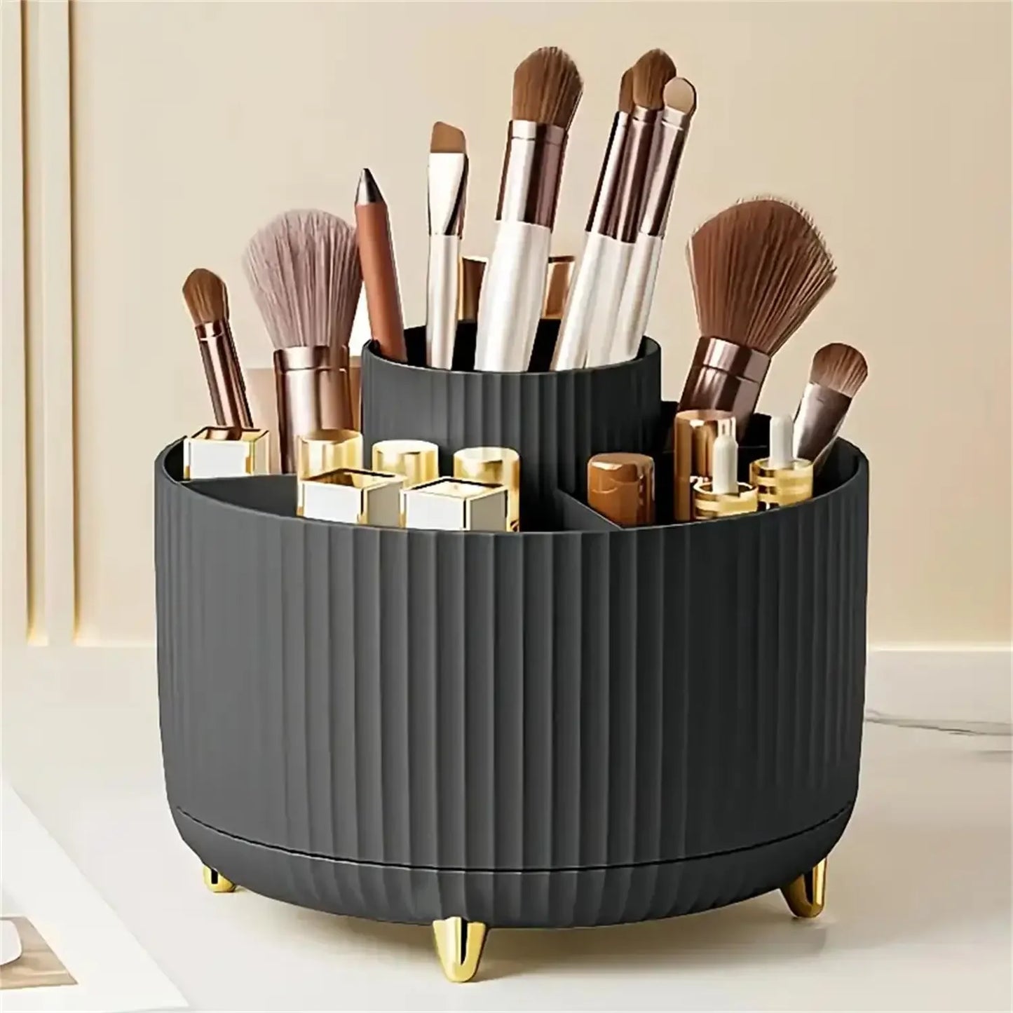 360° Rotating Makeup Organizer with 5 Compartments - Multi-Functional Holder for Brushes