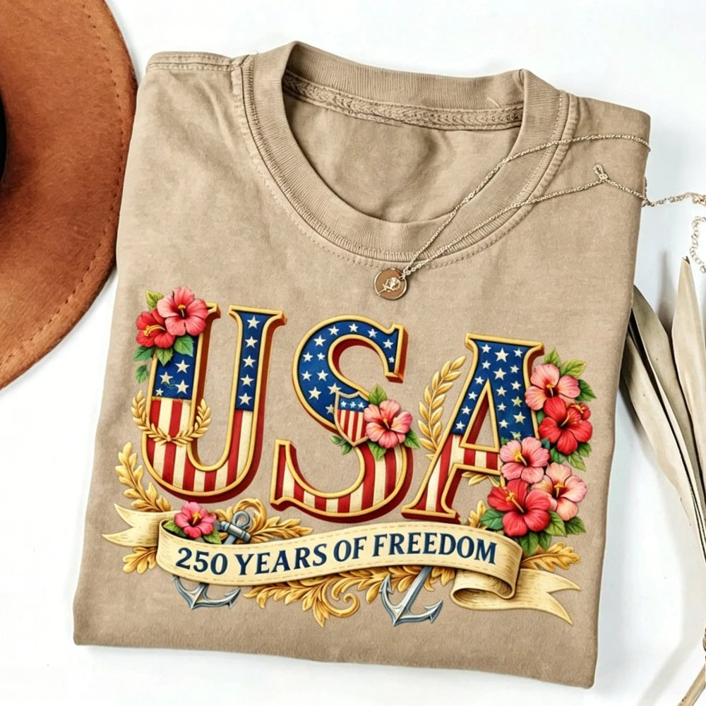 USA 250th Freedom - Women Crewneck Cotton Short Sleeve T Shirt